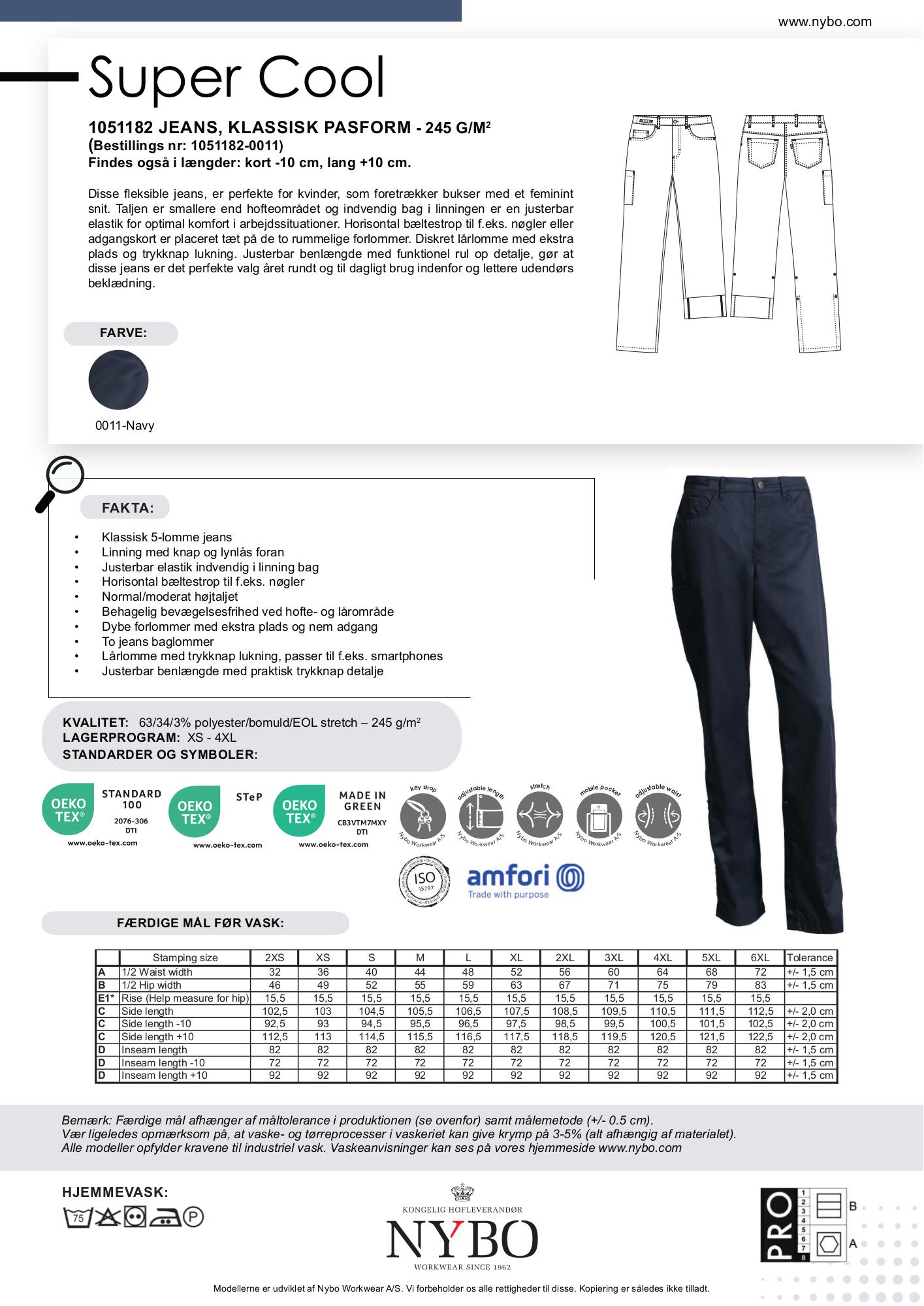 Nybo Navy Dame Super Cool Jeans, klassisk passform, stretch, justerbar lengde