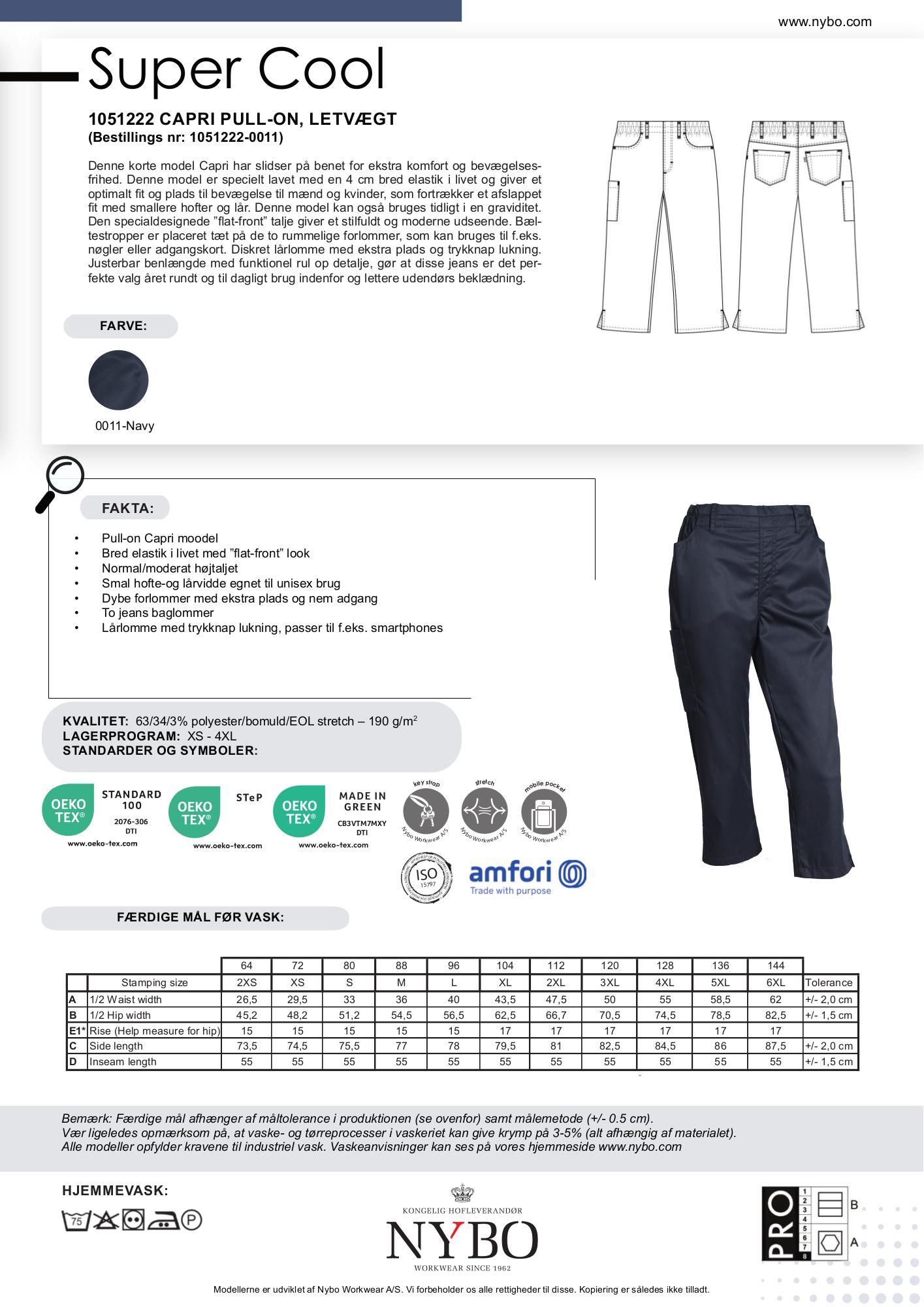 Nybo Navy Unisex Super Cool Capri Jeans, Pull-on, Elastikk, Stretch