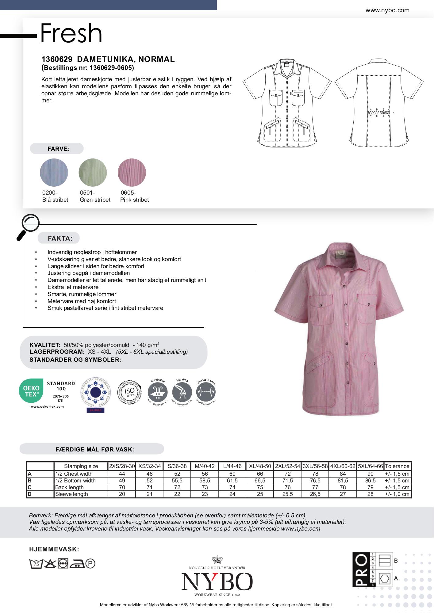 Nybo Pink Stribet Dametunika Fresh, Kortermet, Justerbar Elastikk, Romslige Lommer