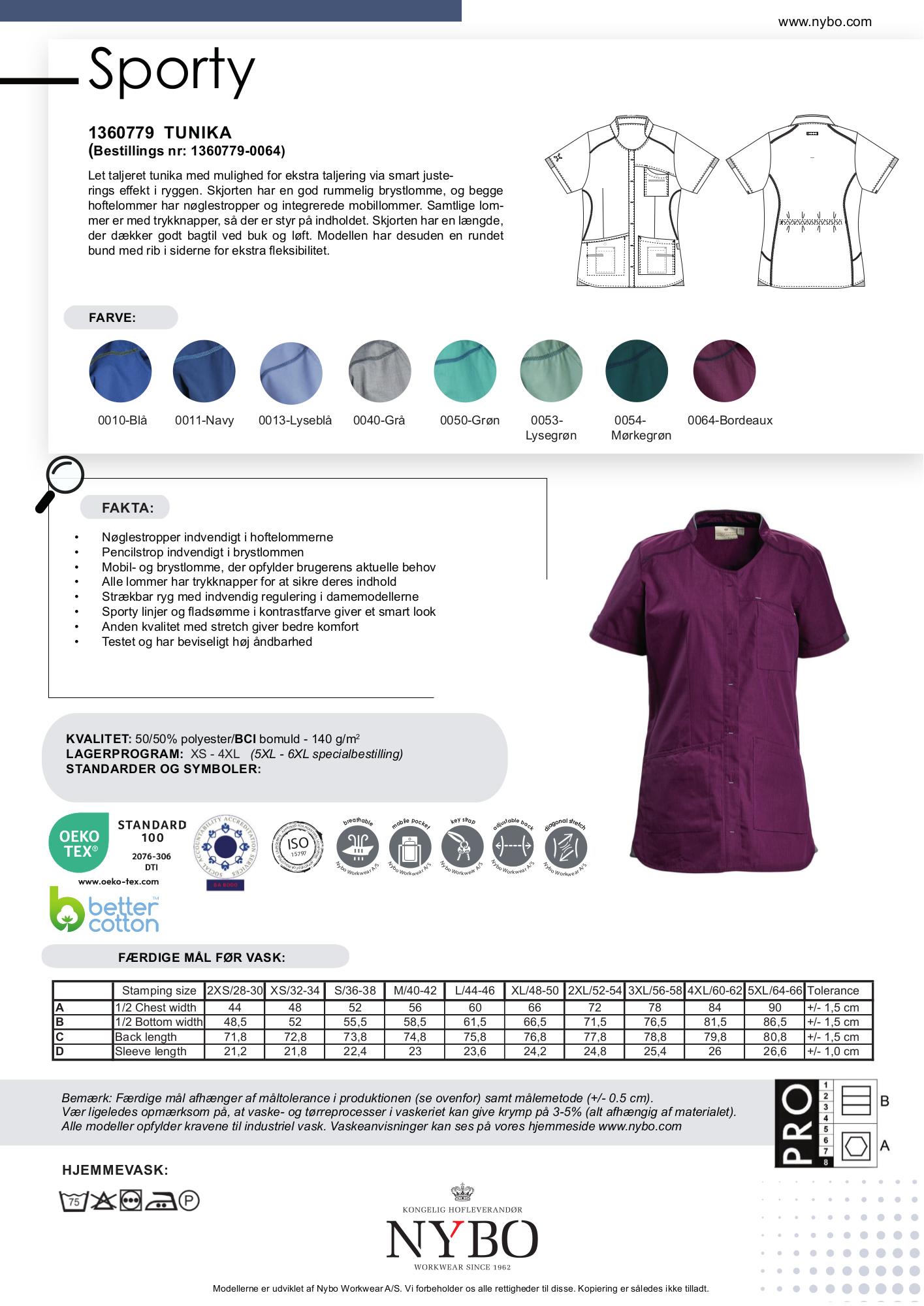 Nybo Bordeaux Dame Sporty Tunika, Kortermet, Justerbar Midje, Fleksibel, Mobillommer