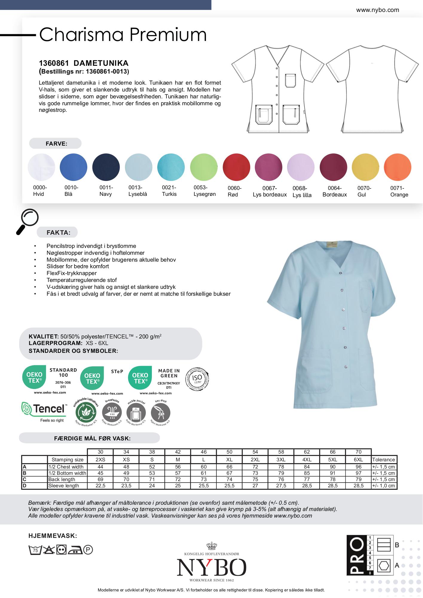 Nybo Lyseblå Dametunika Charisma Premium, sideslisser, komfort, TENCEL®