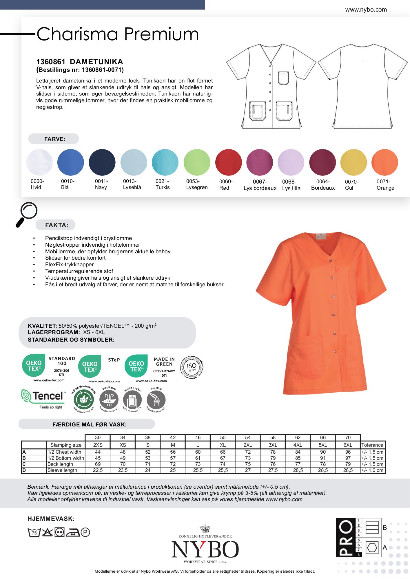 Nybo Orange dametunika Charisma Premium – kortermet, temperaturregulerende, med sidesliss