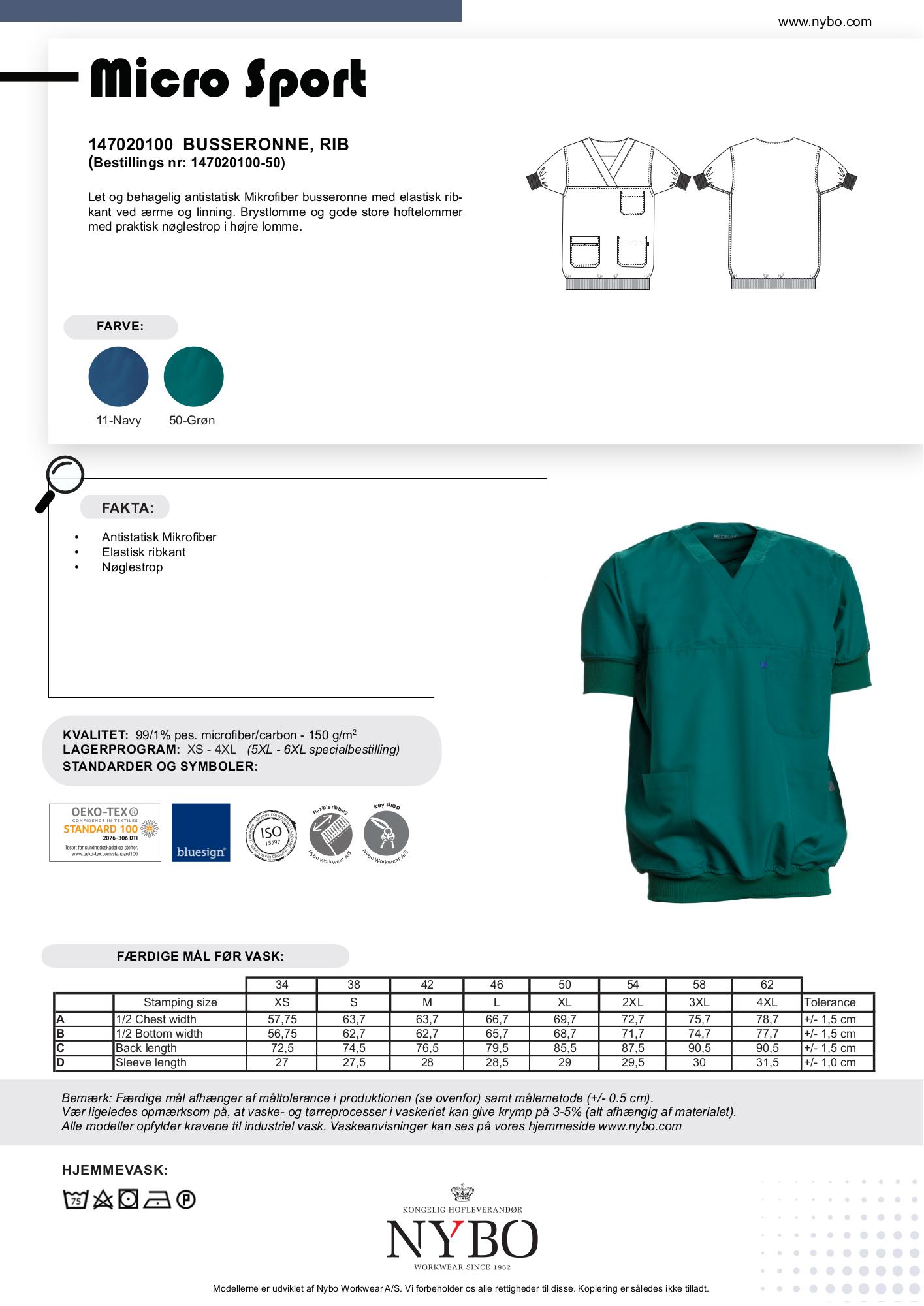 Nybo Grønn Unisex Micro Sport mikrofiberbusseronne — ribkanter, antistatisk