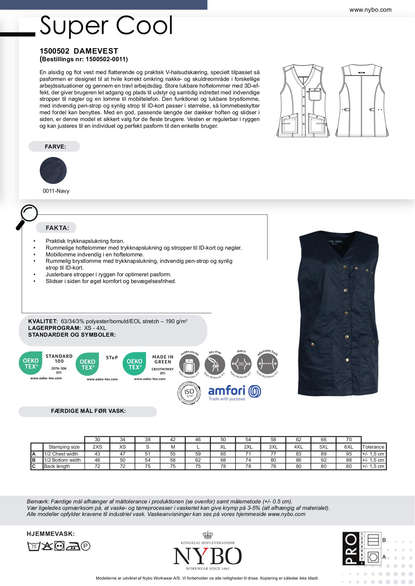 Nybo Navy Dame Super Cool Vest, lang, justerbar, slitesterk