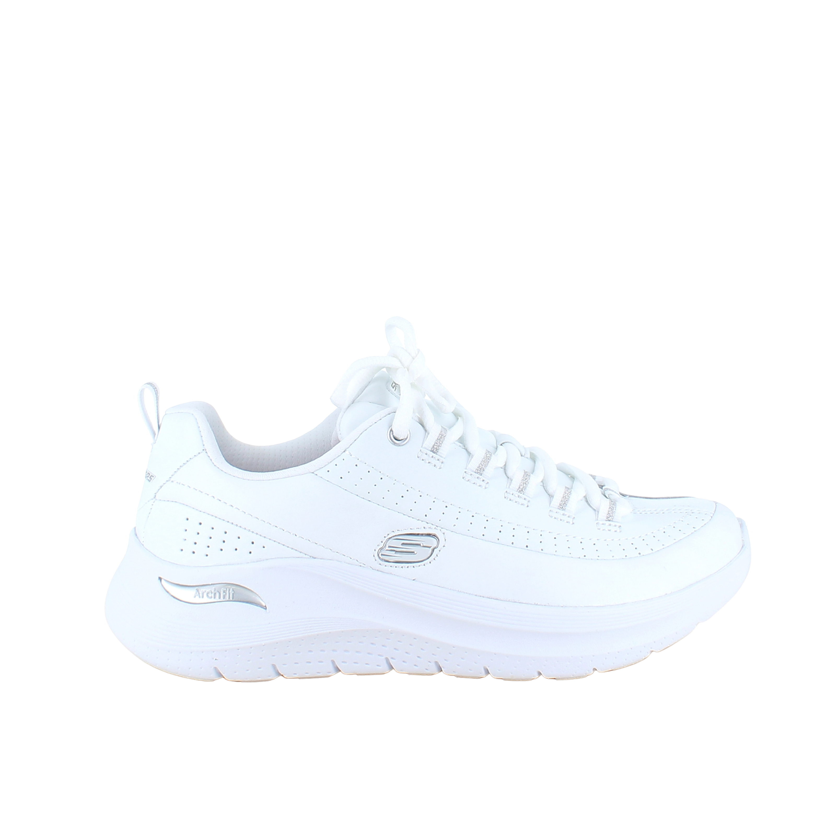 Hvite Skechers med glatt skinnoverflate