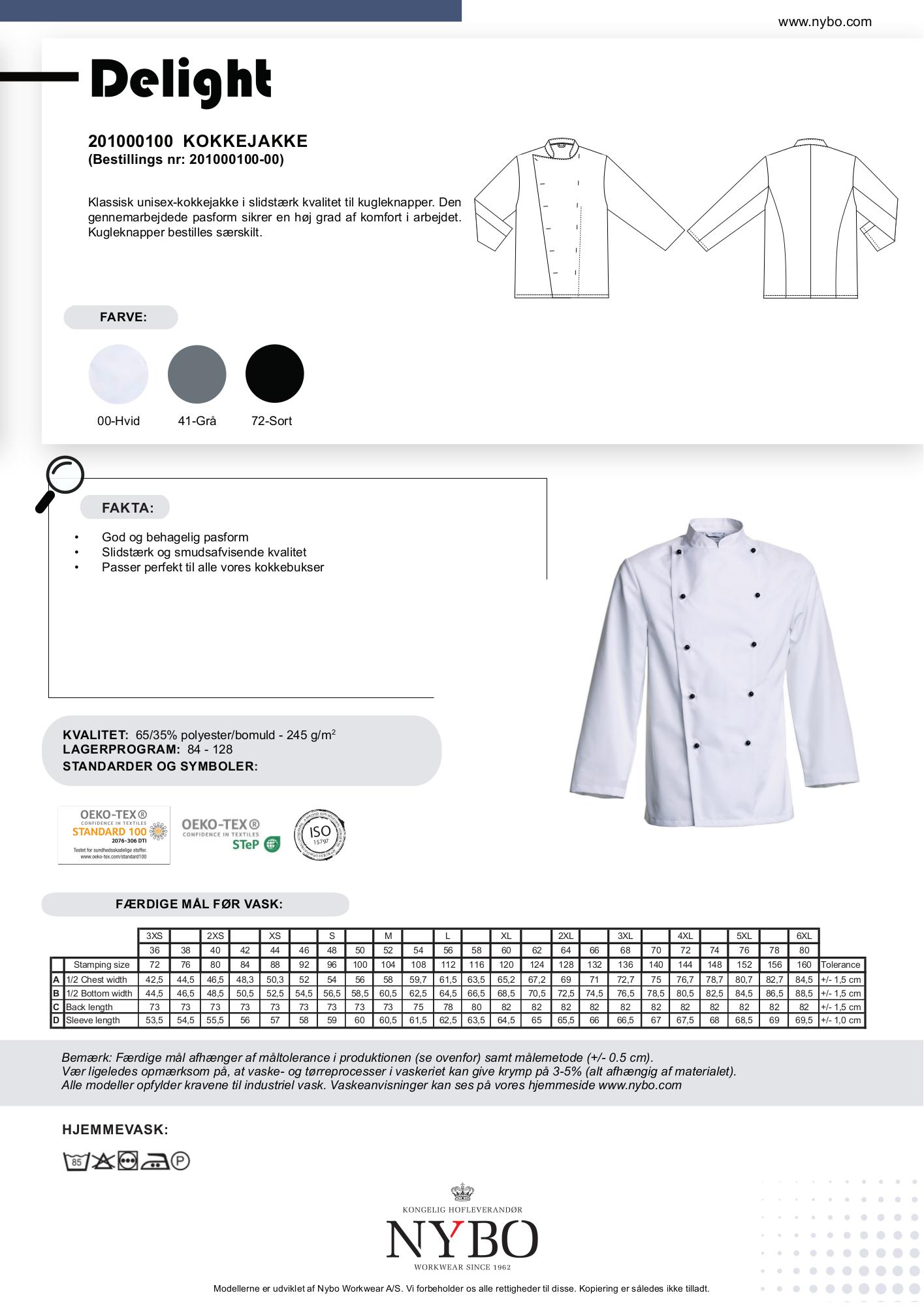 Nybo hvit unisex Delight kokkejakke — slitesterk og komfortabel