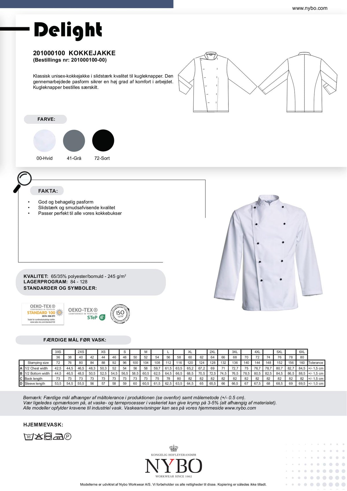 Nybo hvit unisex Delight kokkejakke — slitesterk og komfortabel