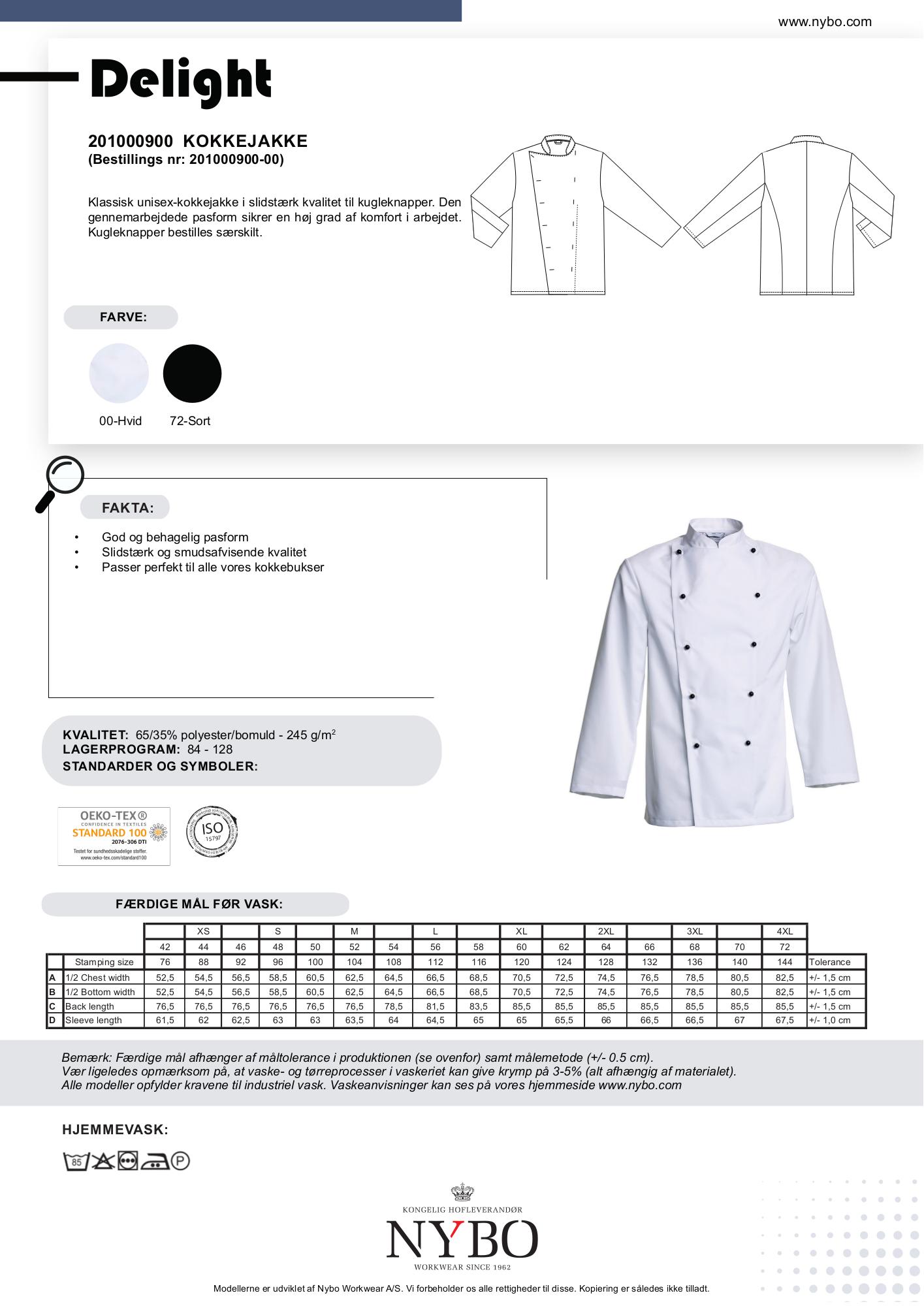 Nybo Delight unisex kokkejakke i hvit – klassisk passform, slitesterk kvalitet og justerbare mansjetter