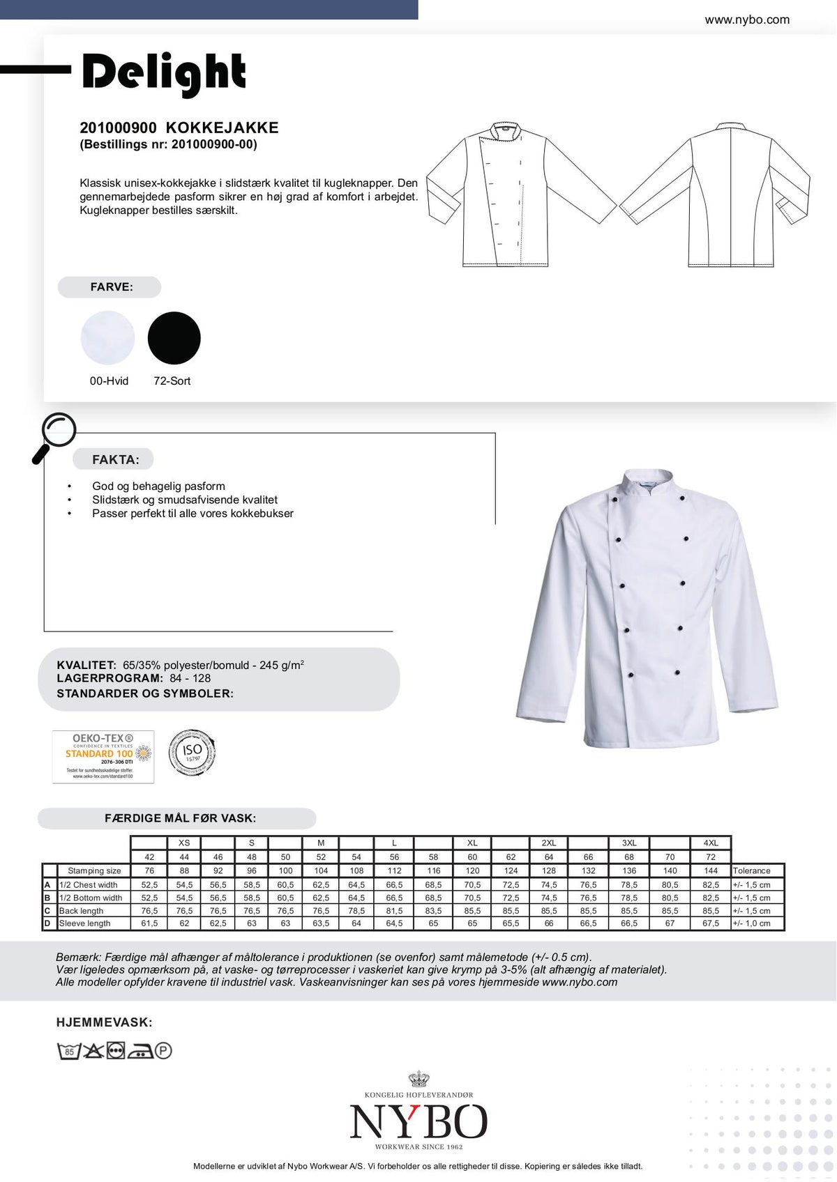 Nybo Delight unisex kokkejakke i hvitt – klassisk passform