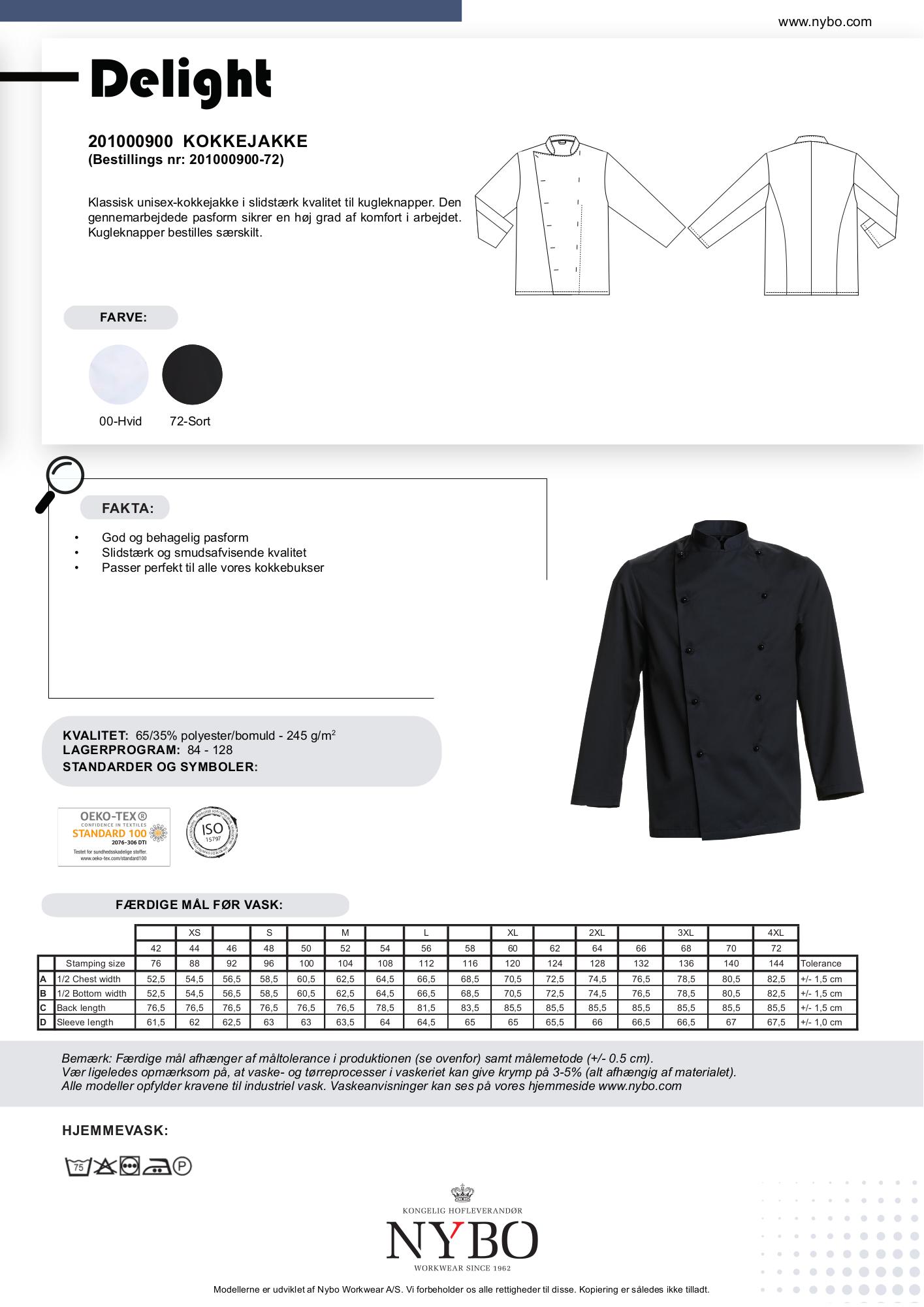 Nybo Delight unisex kokkejakke i svart – klassisk passform, slitesterkt materiale og justerbare mansjetter