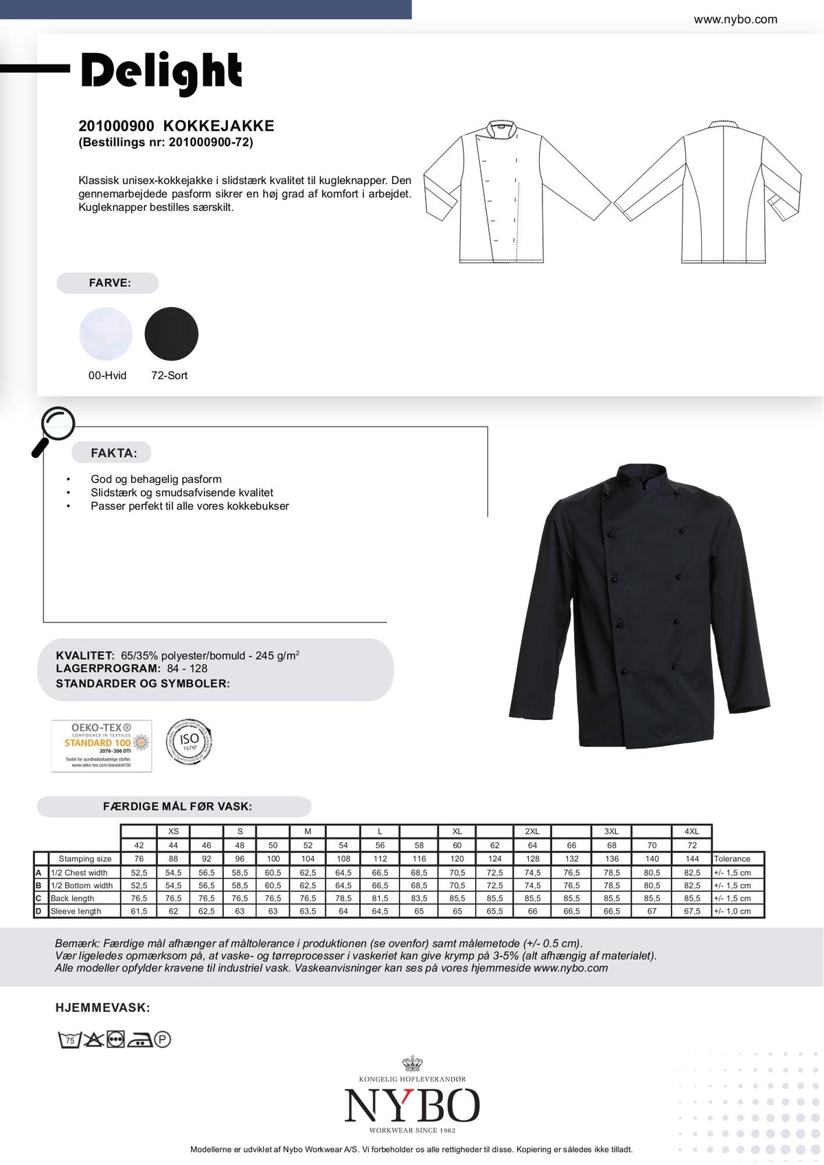 Nybo Delight unisex kokkejakke i svart – klassisk passform
