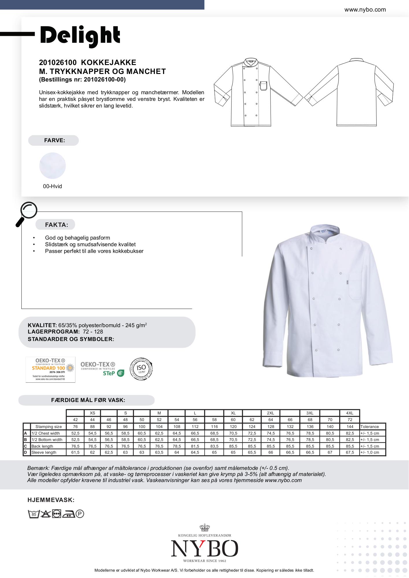 Nybo Hvit Unisex Delight kokkejakke, trykknapper, slitesterk