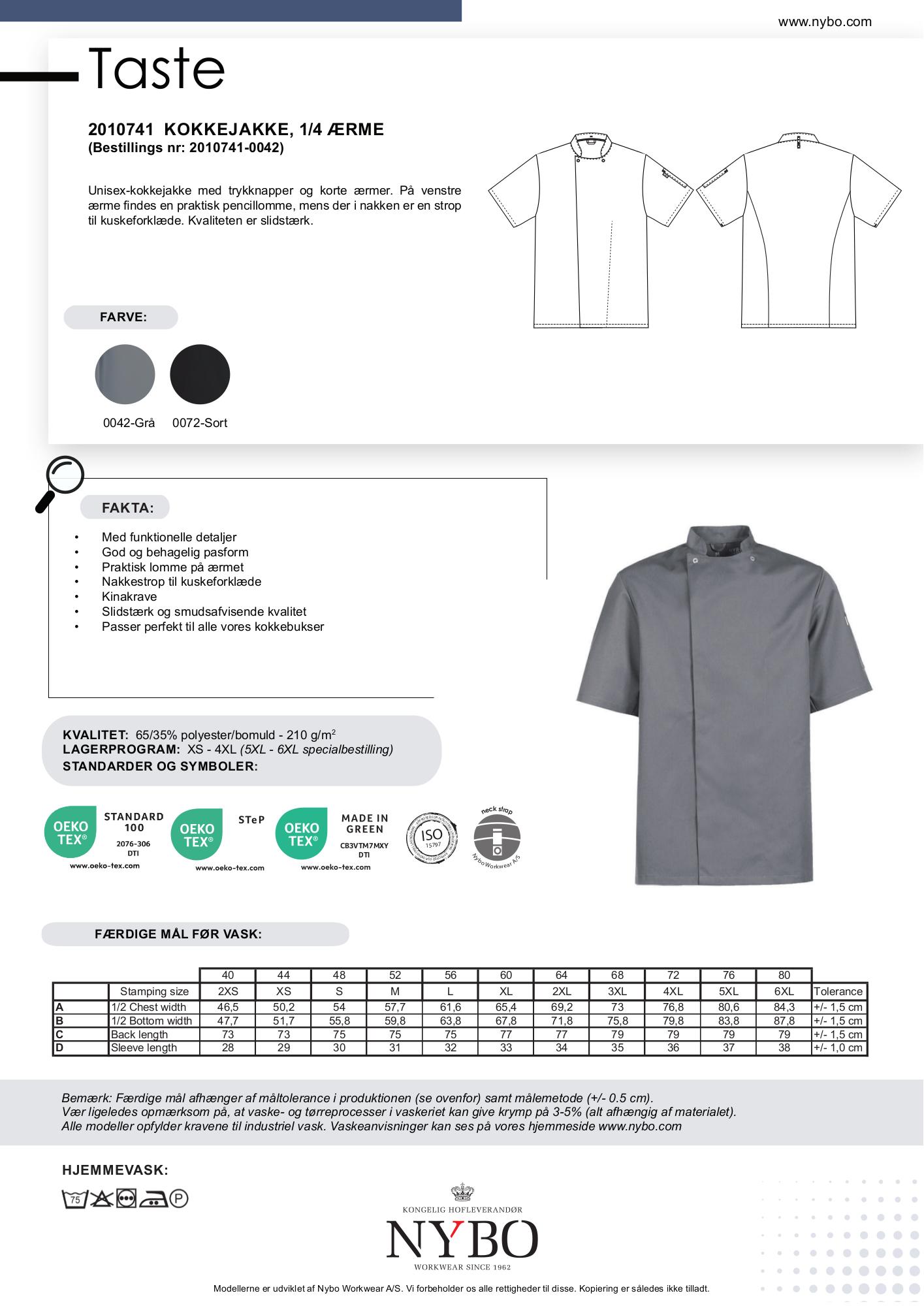 Nybo Grafit Unisex Taste Kokkejakke, kortermet, slitesterk
