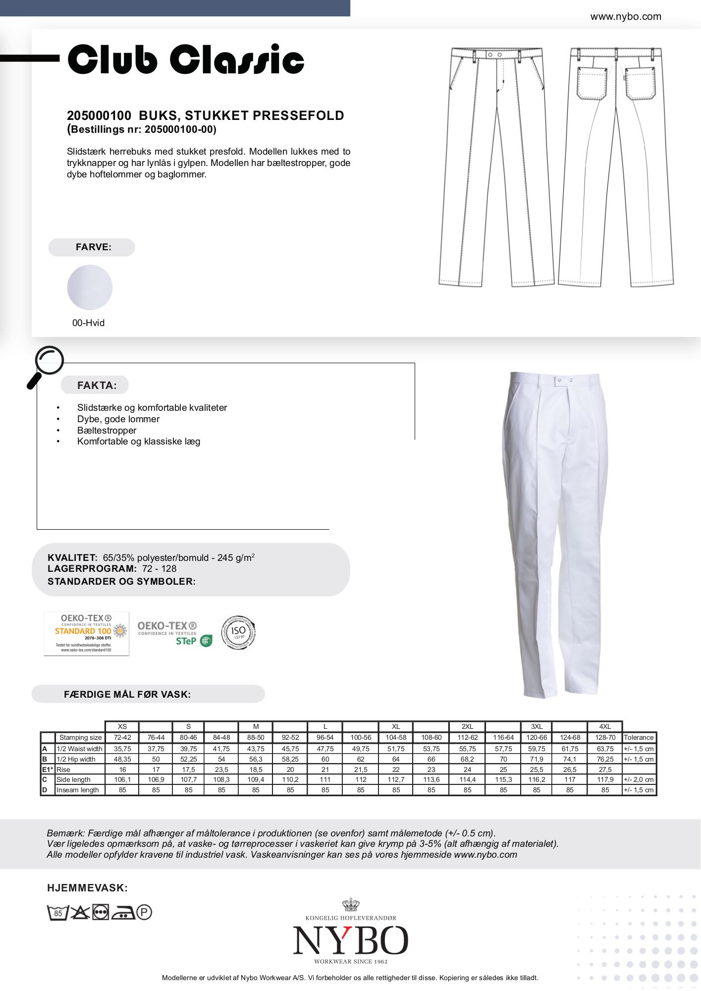 Nybo hvite herrebukser, Club-Classic — innfelt pressfold, slitesterke
