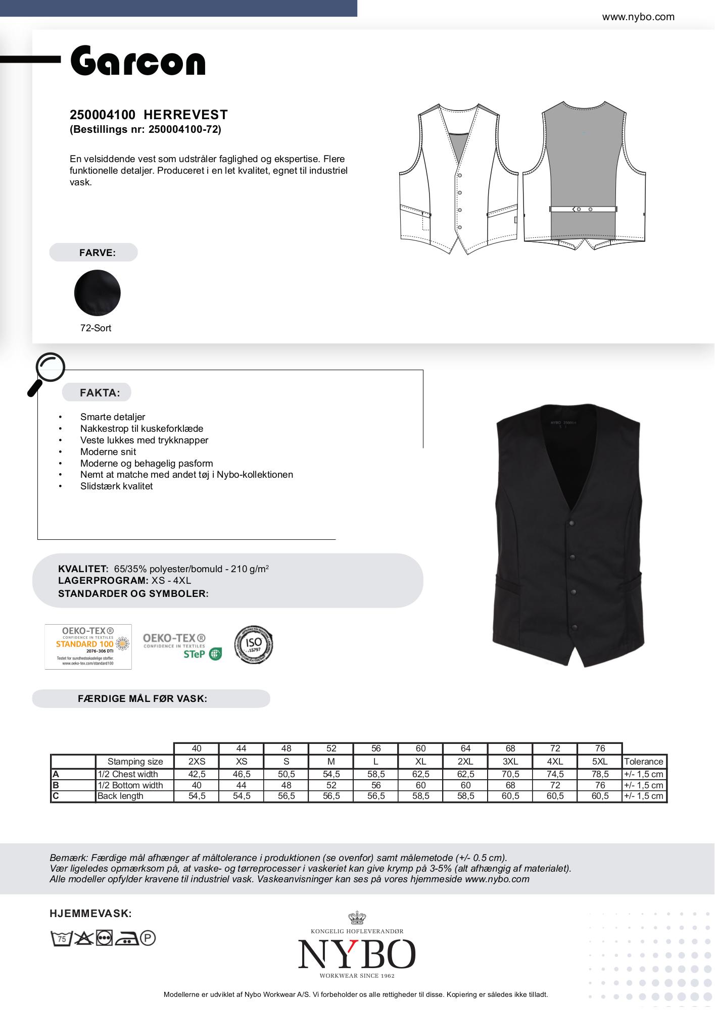 Nybo Svart Herre Garcon-vest, funksjonell, lett kvalitet, industriell vask