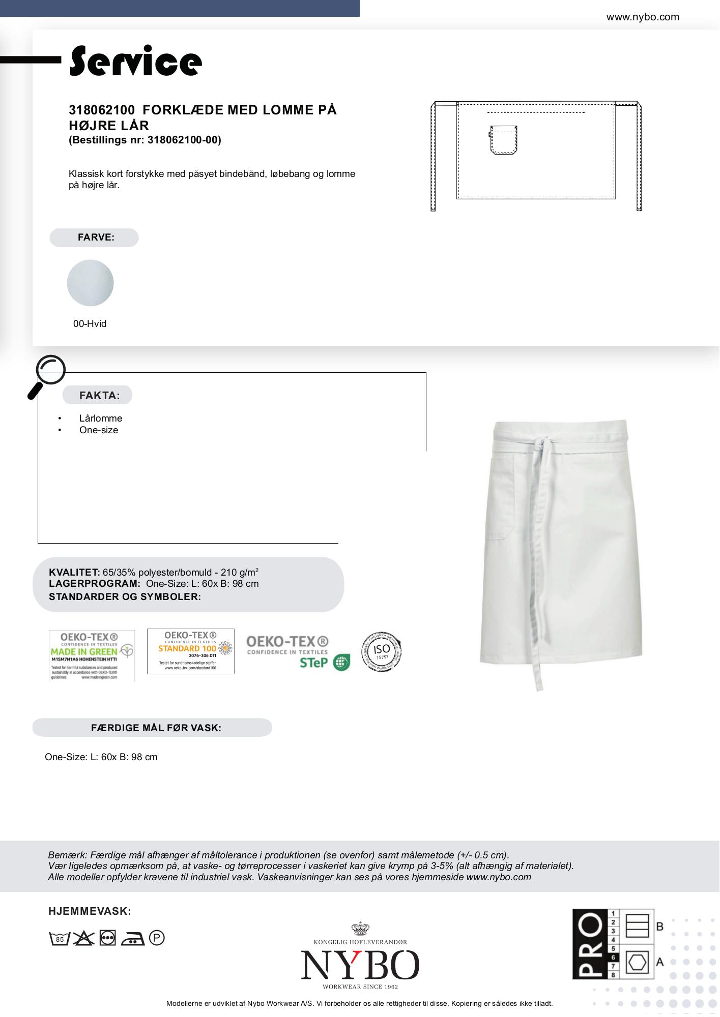 Nybo hvitt unisex pick-up-forkle med forstykke og lomme