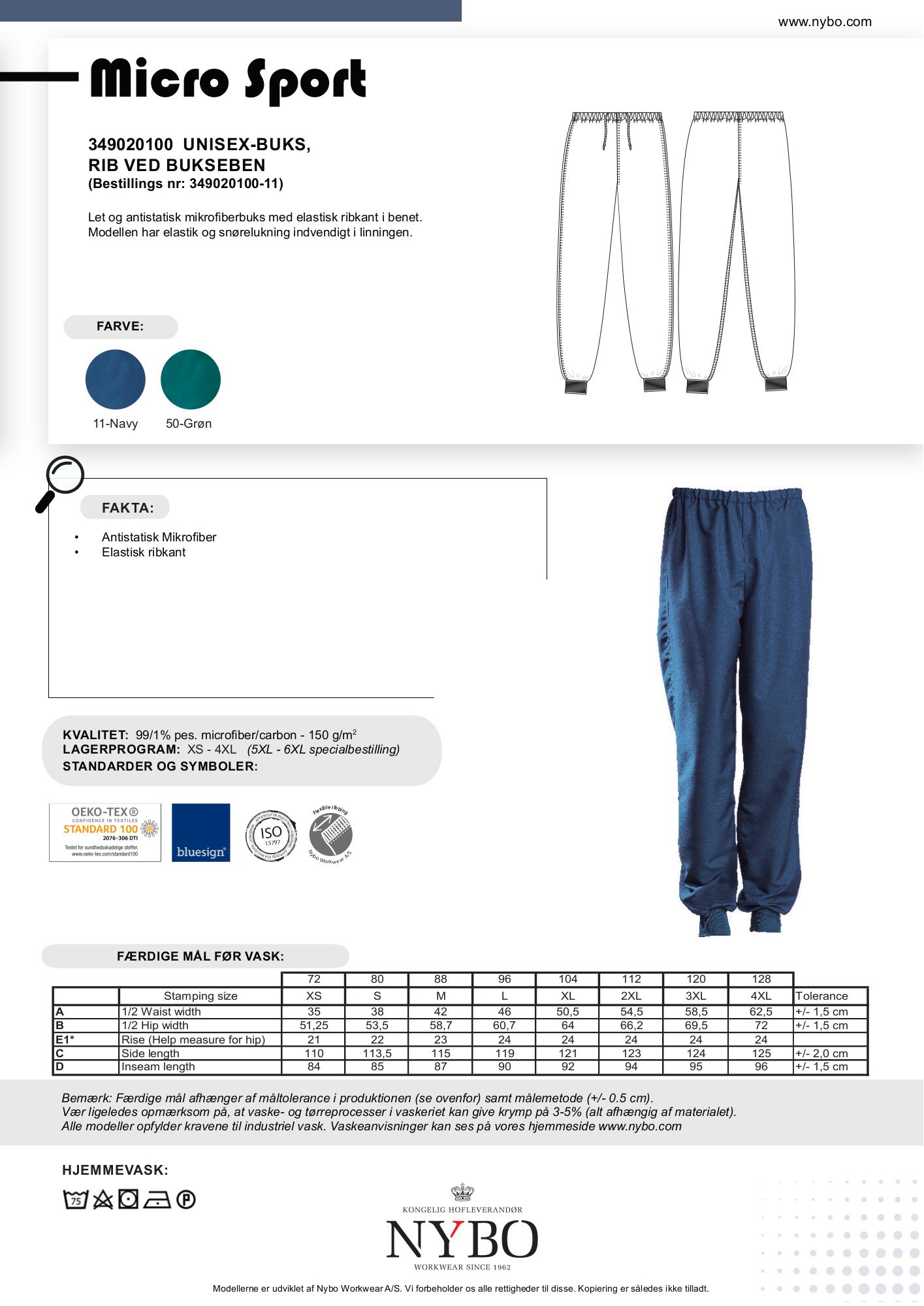 Nybo Navy Unisex Micro Sport-bukser, elastisk, ribb ved benslutt, antistatiske