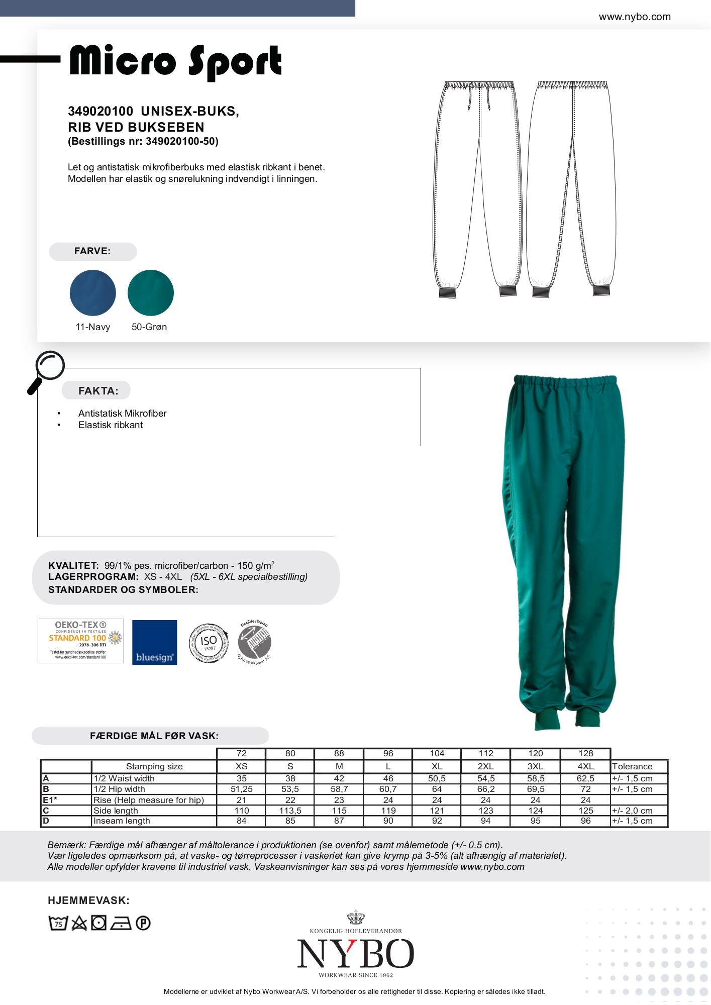Nybo grønne unisex mikrosportbukser med ribbekant, antistatisk