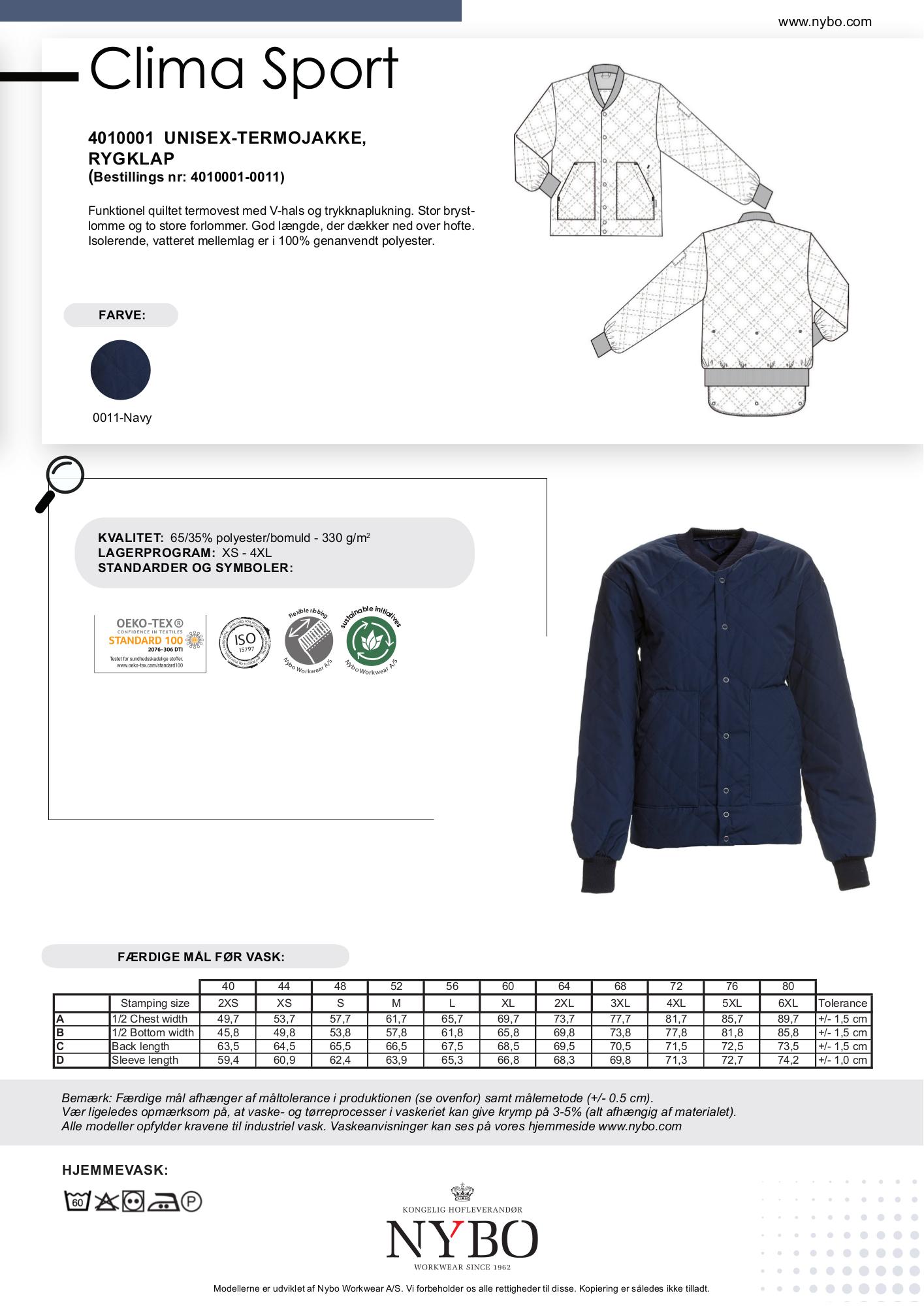Nybo Clima Sport unisex termojakke, navy – slitesterk med ryggklaff