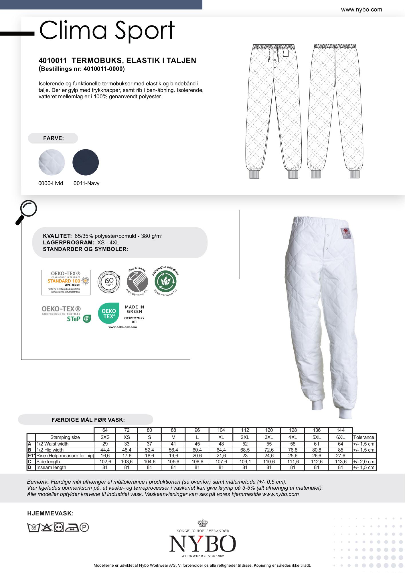 Nybo hvit unisex Clima Sport termobukser med elastikk i livet