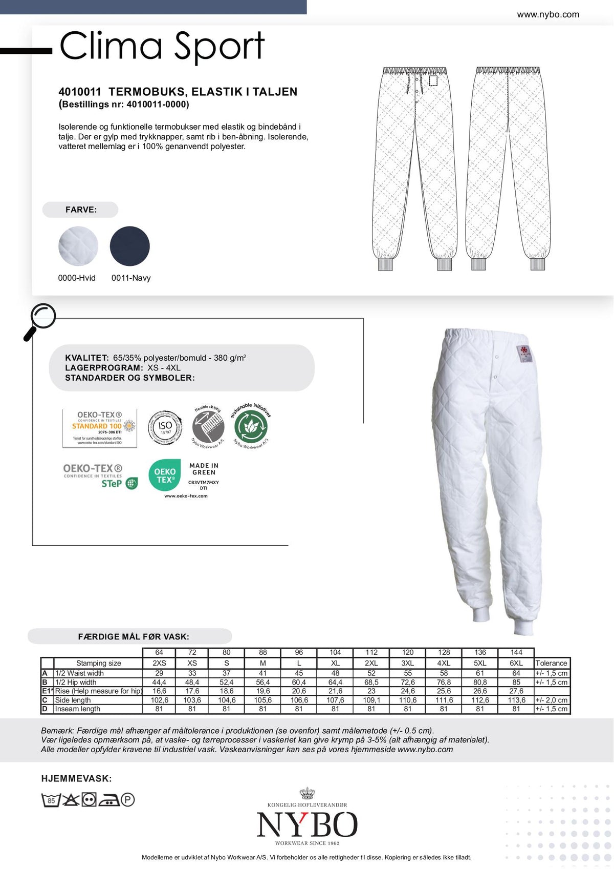 Nybo hvit unisex Clima Sport termobukser med elastikk i livet