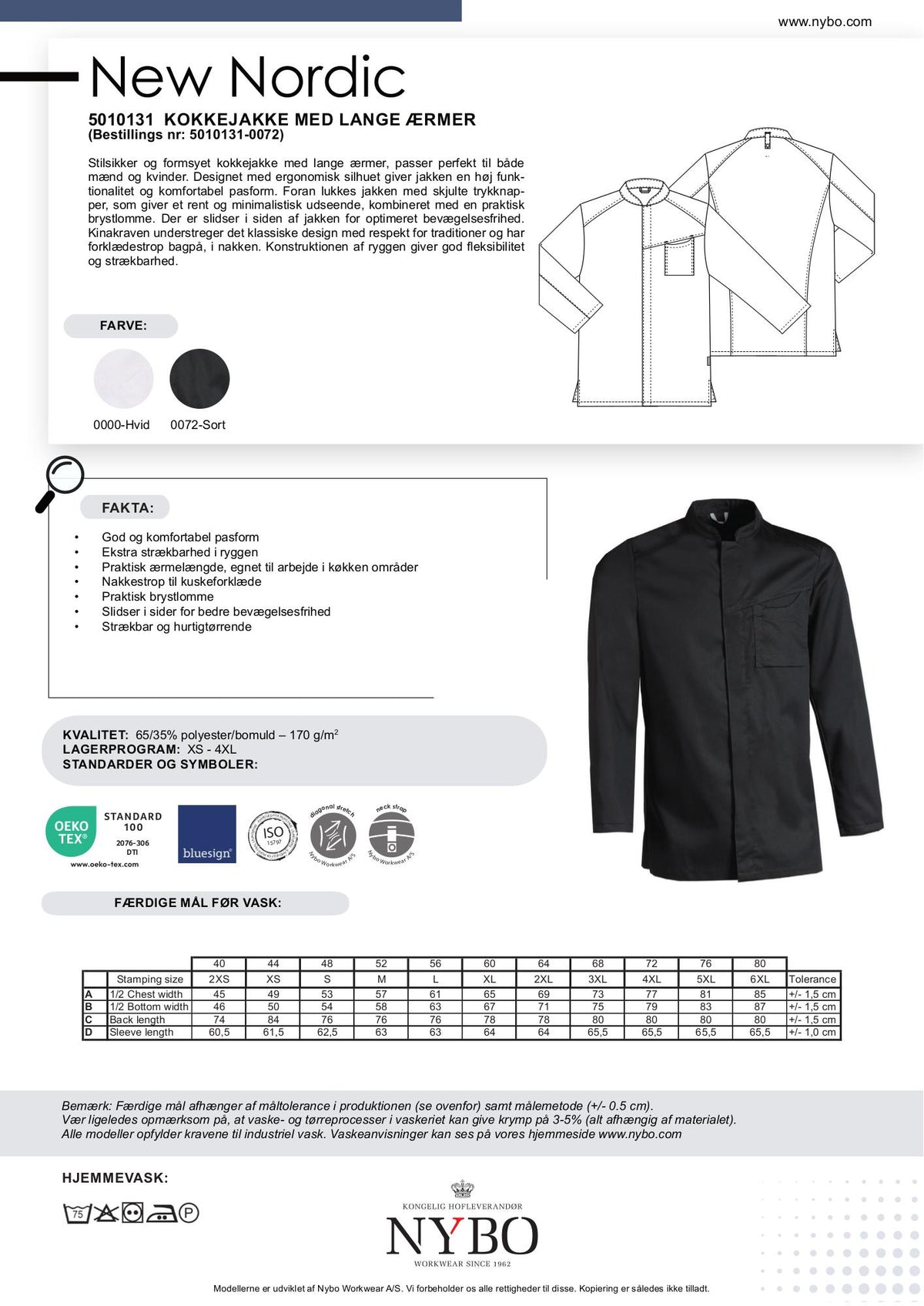 Nybo Sort Unisex New Nordic Kokkjakke, Langermet