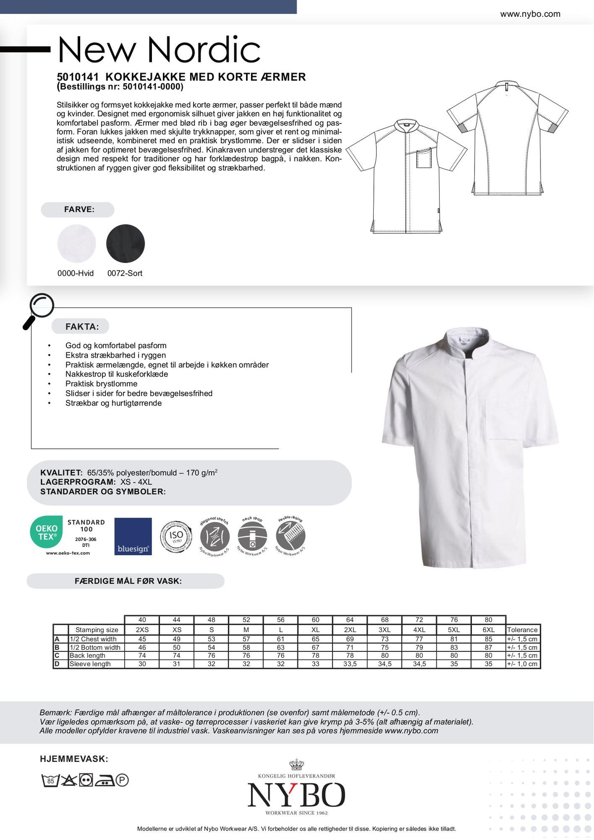 Nybo Hvit Unisex New Nordic Kokkjakke, Kortermet