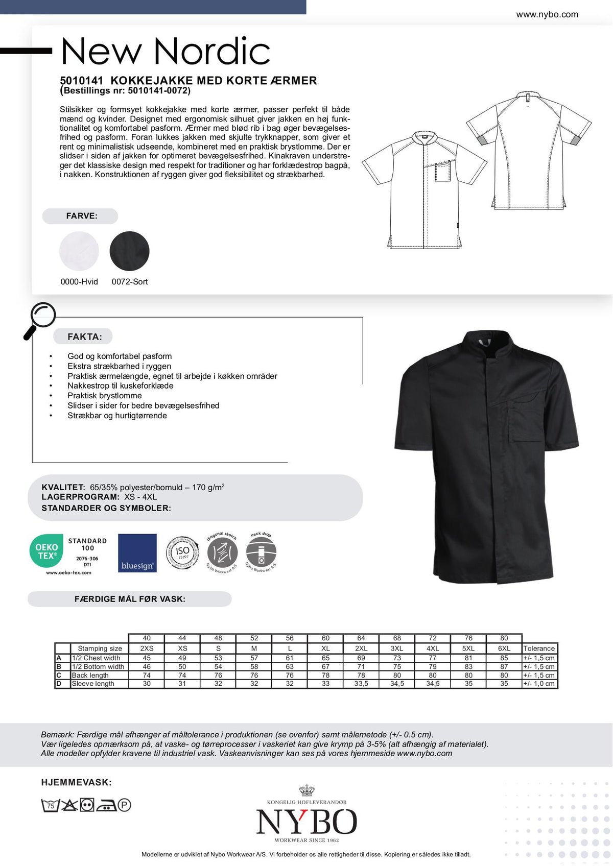 Nybo Sort Unisex New Nordic Kokkjakke, Kortermet