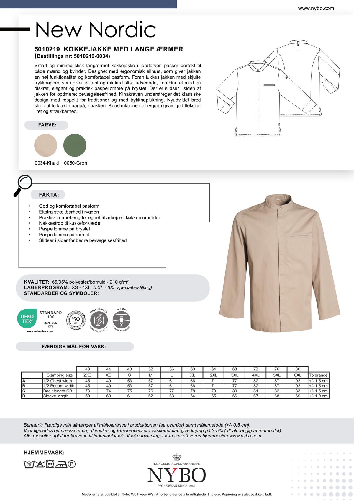 Nybo Khaki Unisex New Nordic Kokkjakke, Langermet