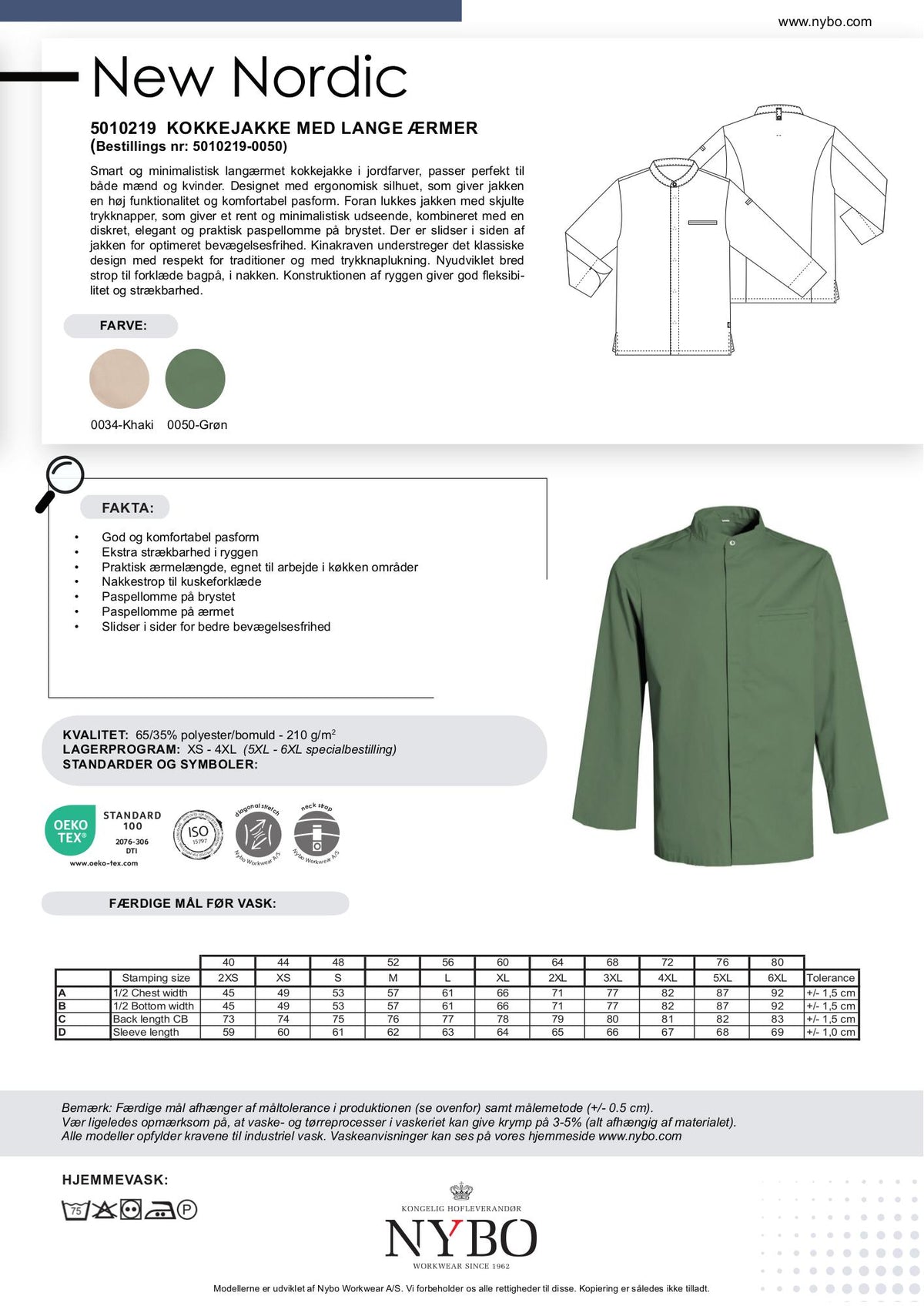 Nybo Grønn Unisex New Nordic Kokkjakke, Langermet