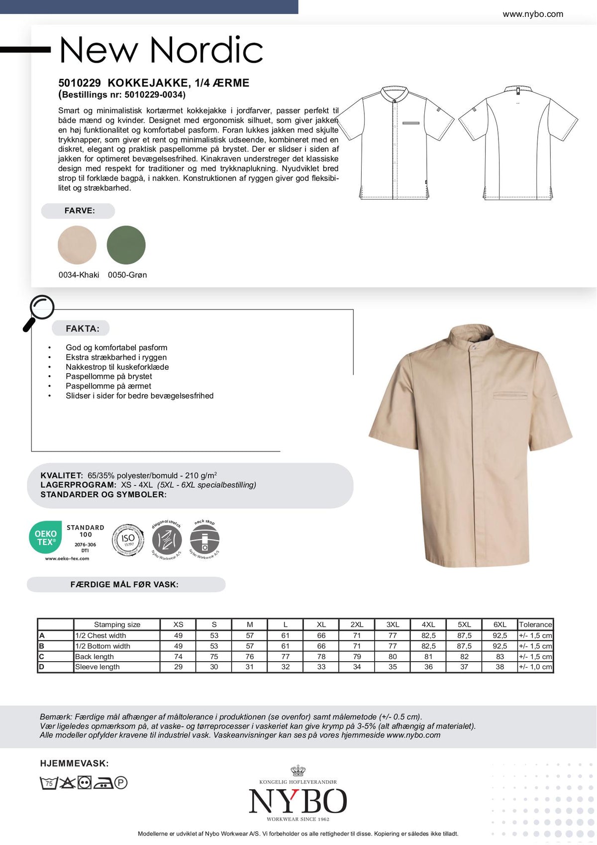 Nybo Khaki Unisex New Nordic Kokkjakke, Kortermet