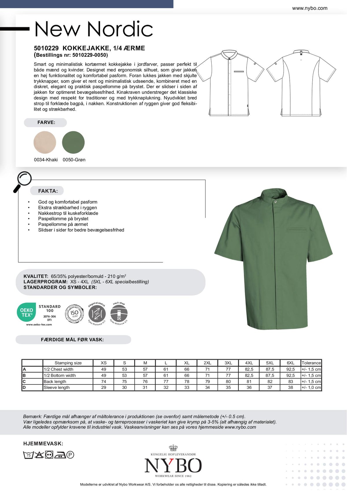 Nybo Grønn Unisex New Nordic Kokkjakke, Kortermet