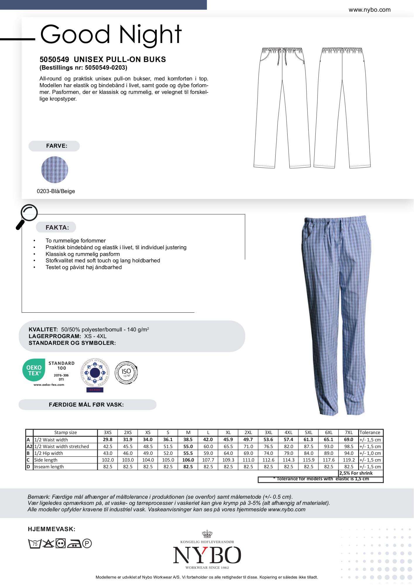 Nybo Blå/Beige Unisex Good Night-bukser, pull-on, pustende, komfortable