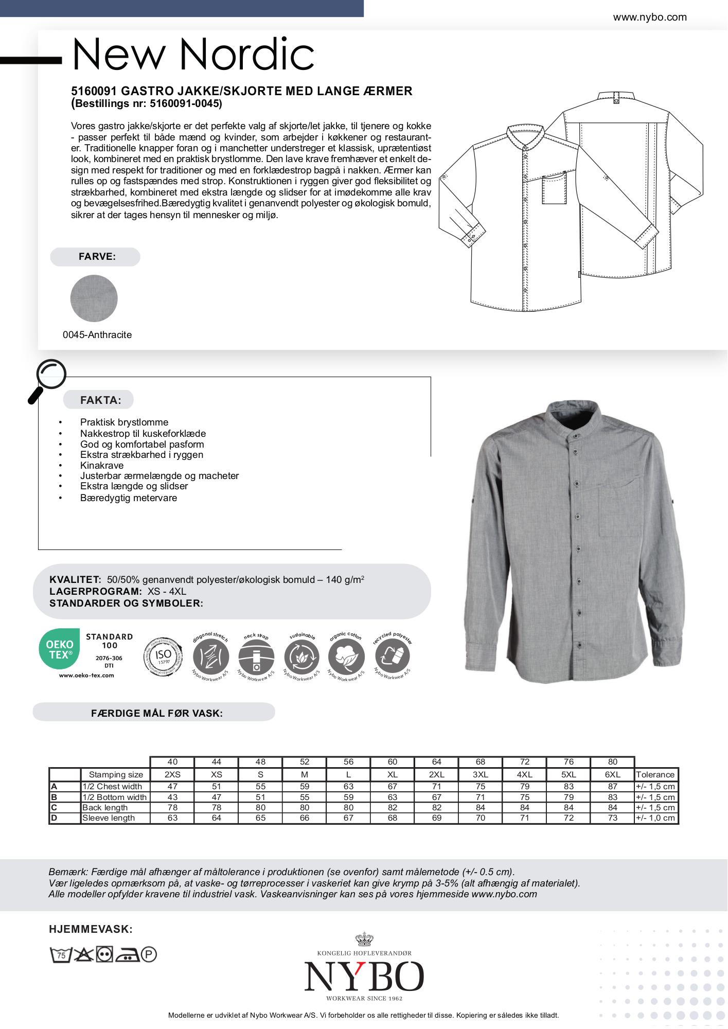 Nybo Koksgrå Unisex New Nordic Gastrojakke, Langermet, Strekkbar, Komfortabel