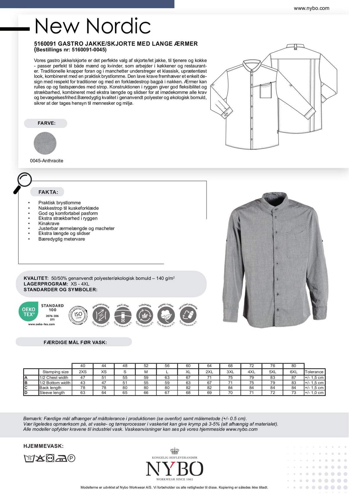 Nybo Kokksgrå Unisex New Nordic Gastro Jakke, Langermet