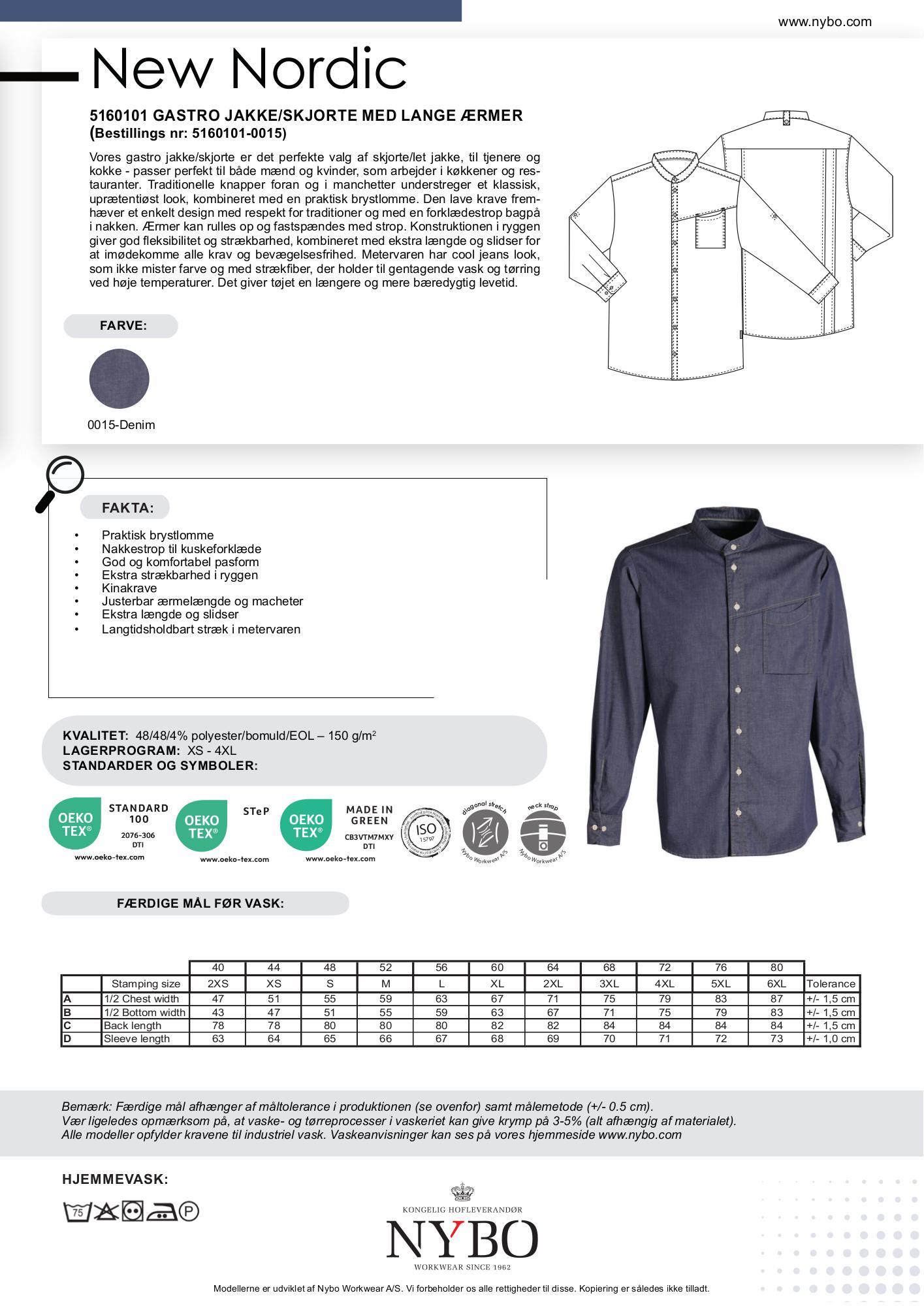 Nybo Denimblå Unisex New Nordic Gastrojakke — lange ermer, elastisk og komfortabel