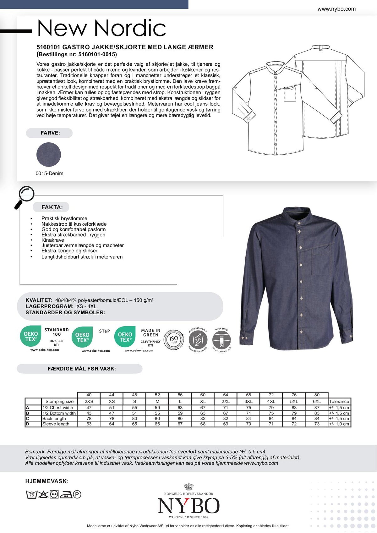 Nybo Denimblå Unisex New Nordic Gastrojakke, Lange Ermer