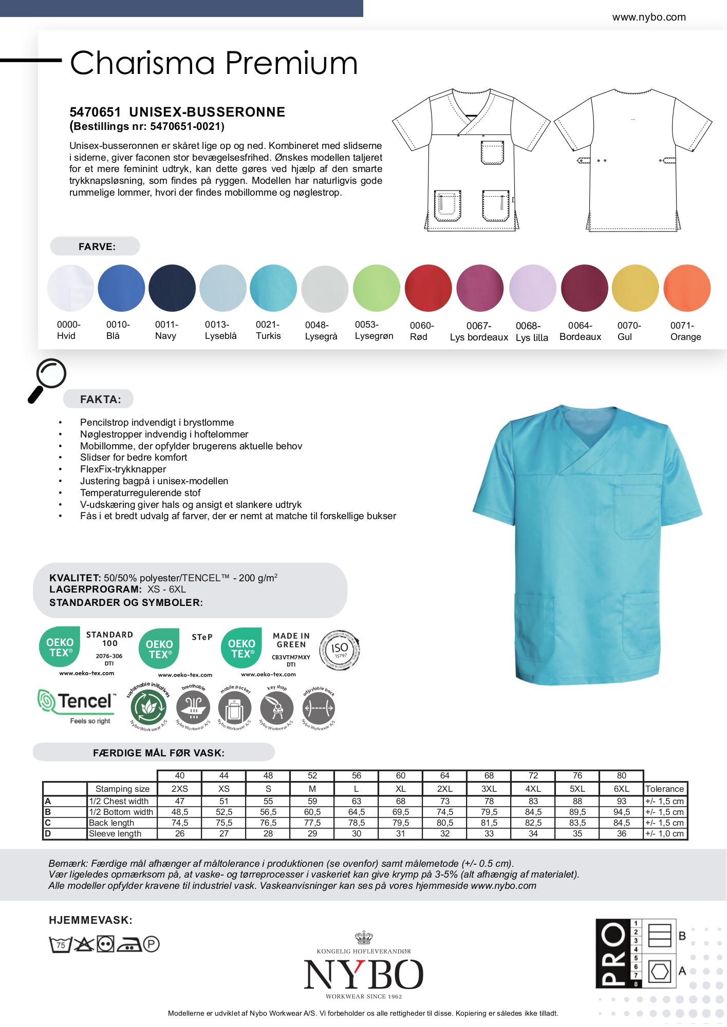 Nybo turkis unisex Charisma Premium busseronne — slitesterk, komfortabel, temperaturregulerende