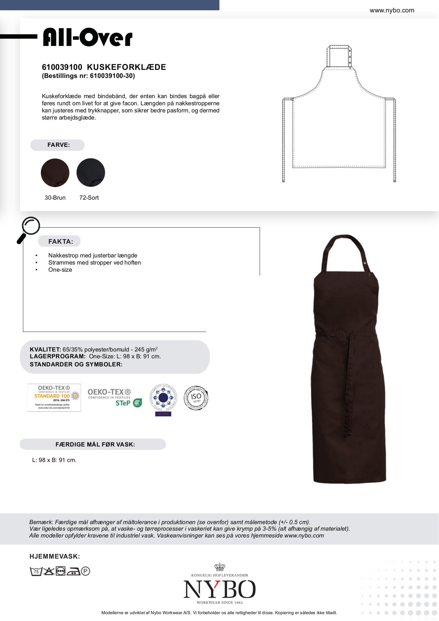 Nybo Brunt Unisex Forkle, Kuskeforkle, Justerbar Passform