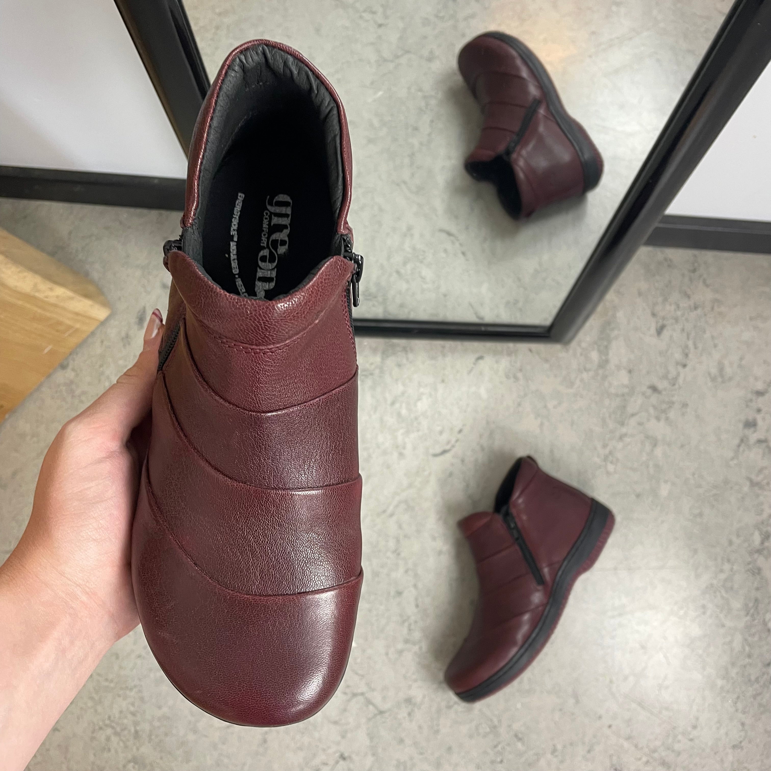 Green Comfort Lugano Laisa i bordeaux – komfortabel kort skinnstøvel med dobbel glidelås