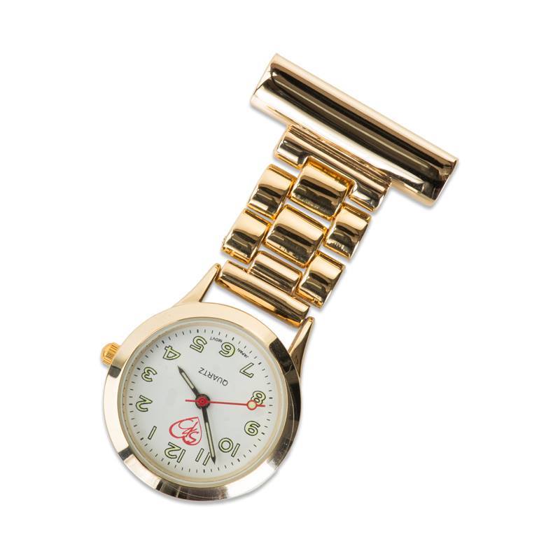 Gulltonet sykepleierklokke med bred lenke og gravering
