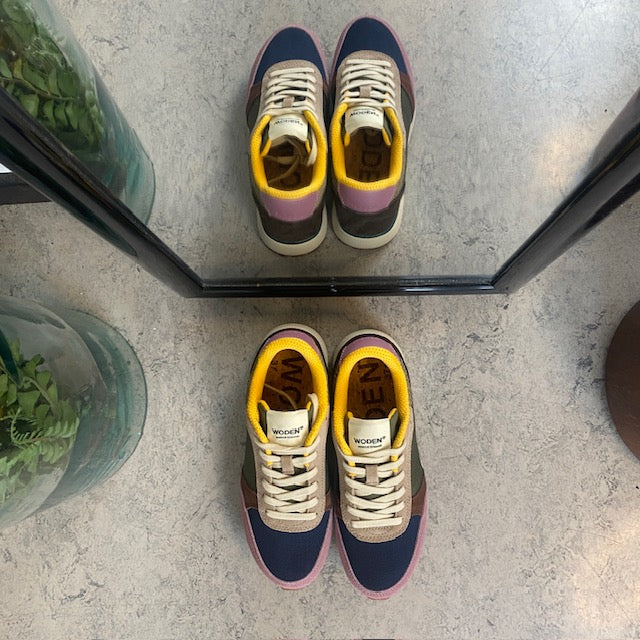 Woden flerfarget sneaker med mesh, skinn & ruskinn – avtakbart korkinnlegg & fleksibel rågummisåle