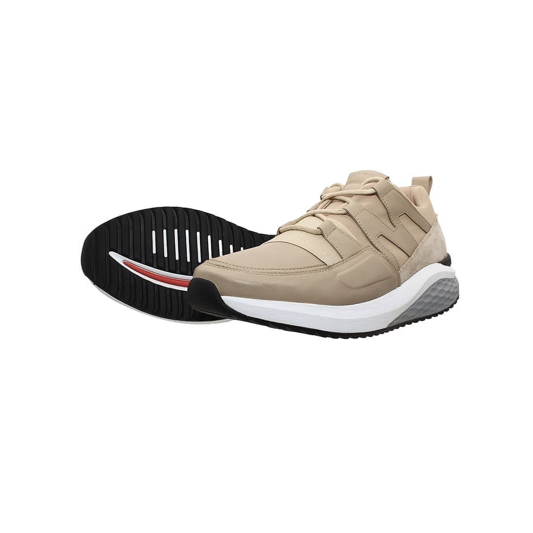 Sandfarvet MBT Fano herresneaker med hvid og sort rullesål (aktivitetsindeks 3) og vintage design.