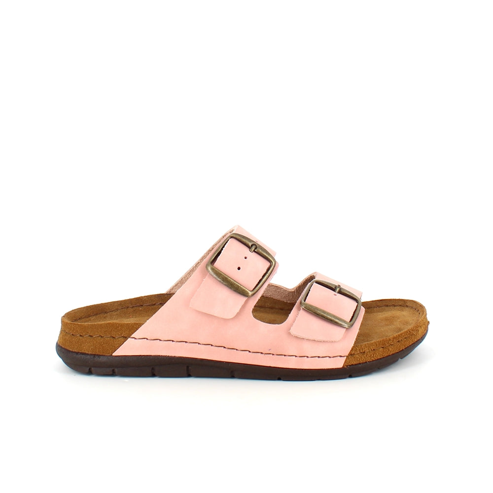 Rosa slip-on sandal i skinn med brede remmer