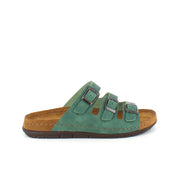 Olivengrønn slip-on sandal i skinn med smale remmer
