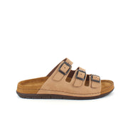 Brun slip-on sandal i skinn med smale remmer