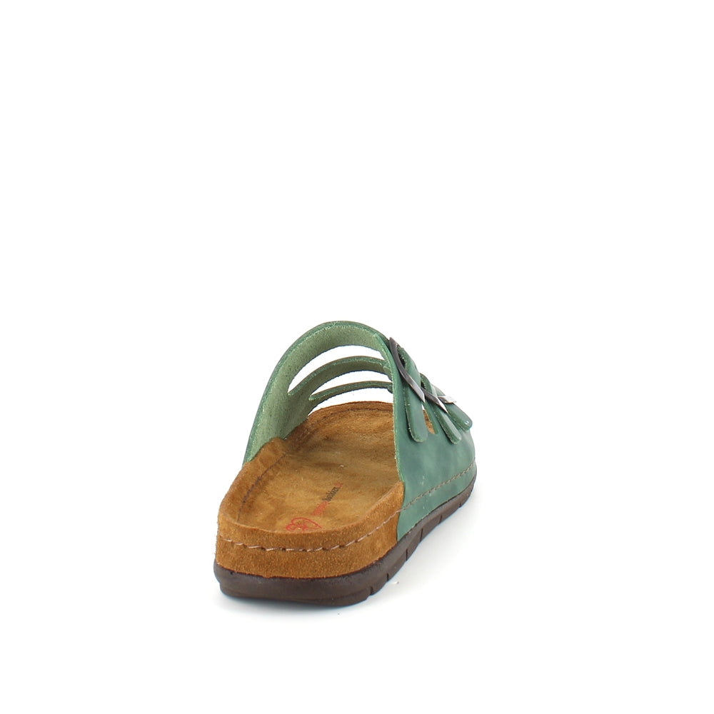 Olivengrønn slip-on sandal i skinn med smale remmer