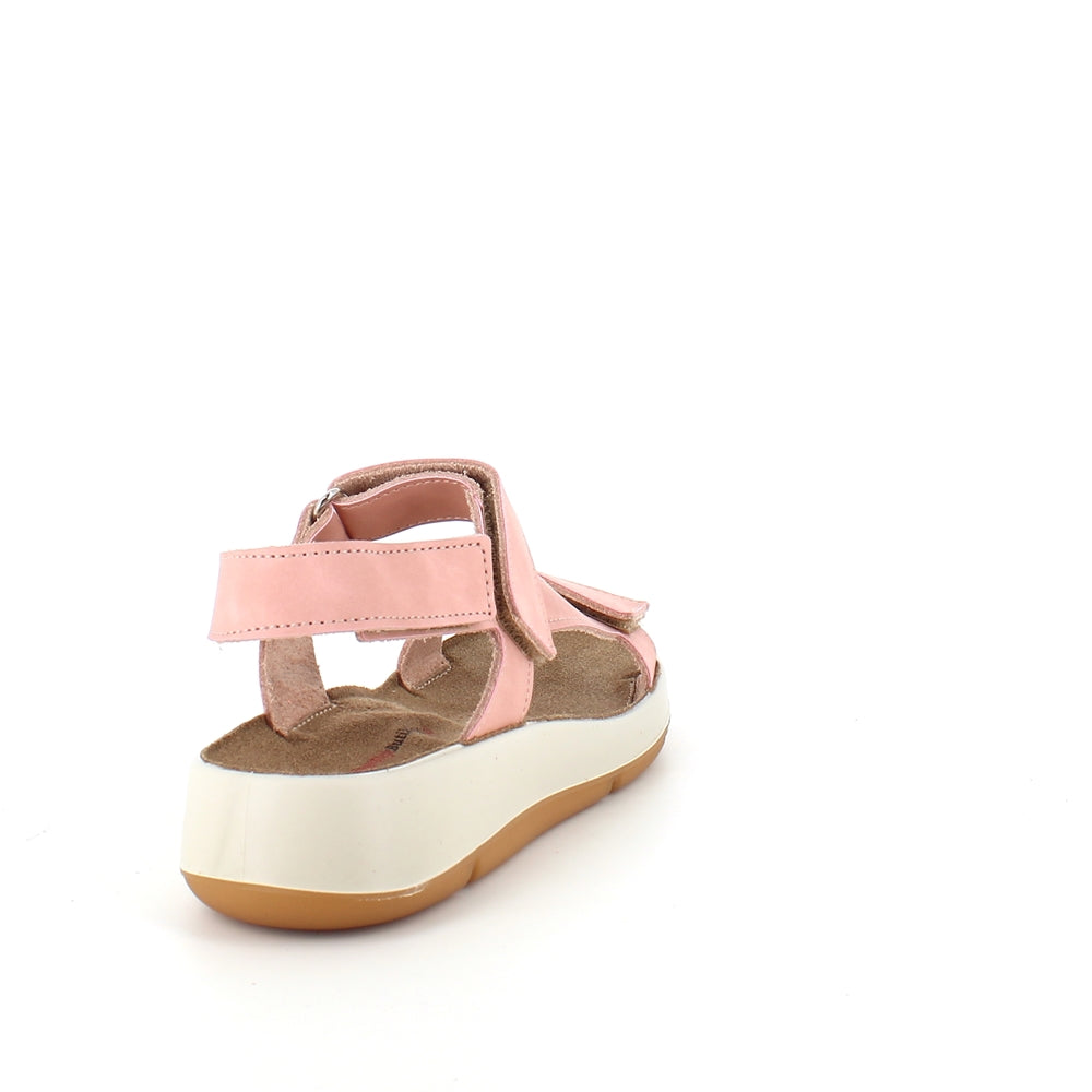 Rosa skinnsandaler med tre justerbare remmer og svangstøtte