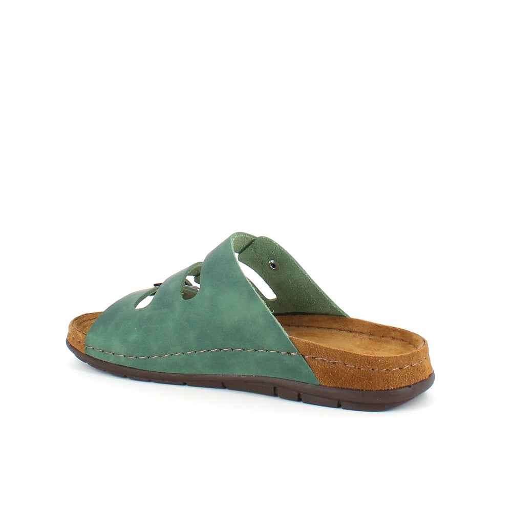 Olivengrønn slip-on sandal i skinn med smale remmer