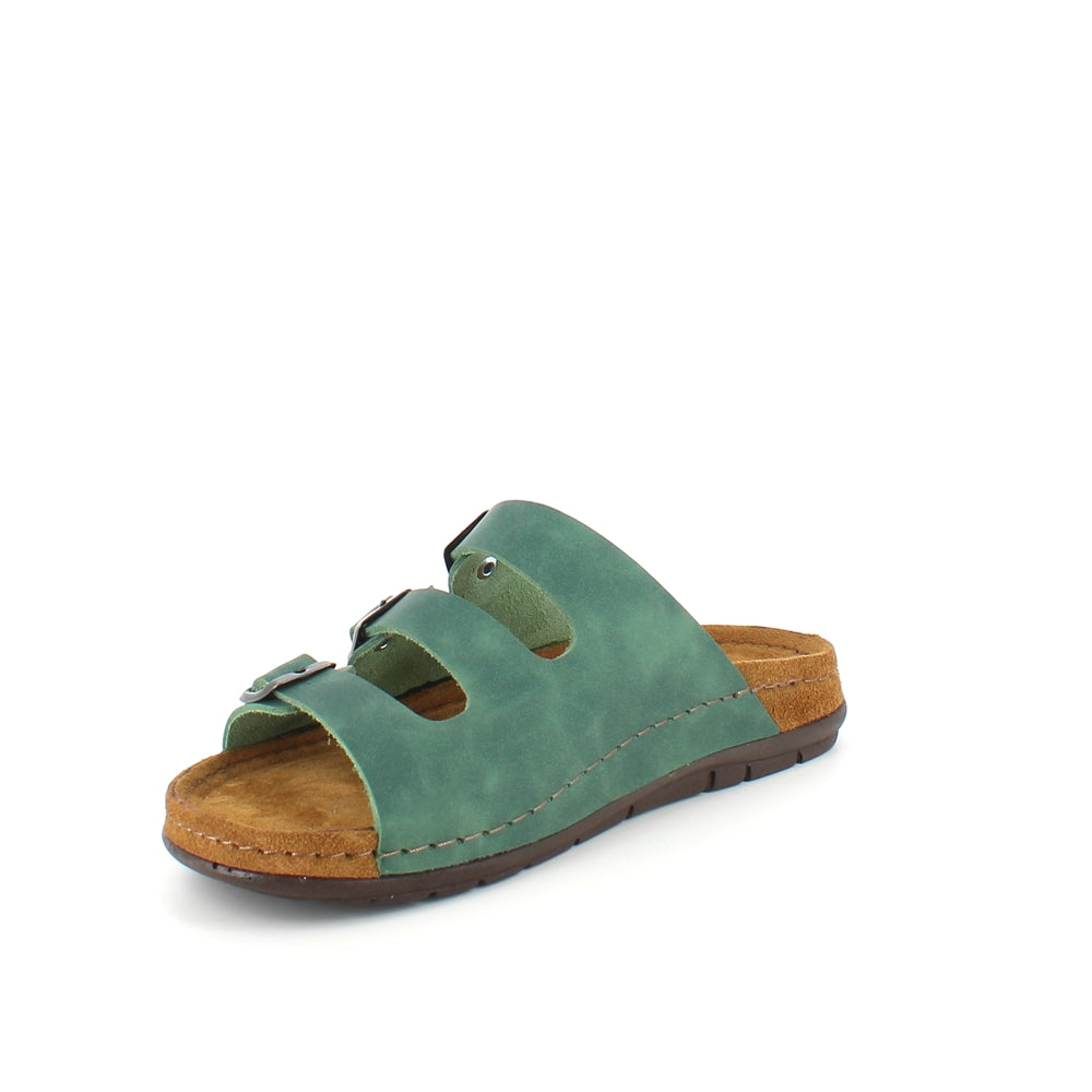 Olivengrønn slip-on sandal i skinn med smale remmer